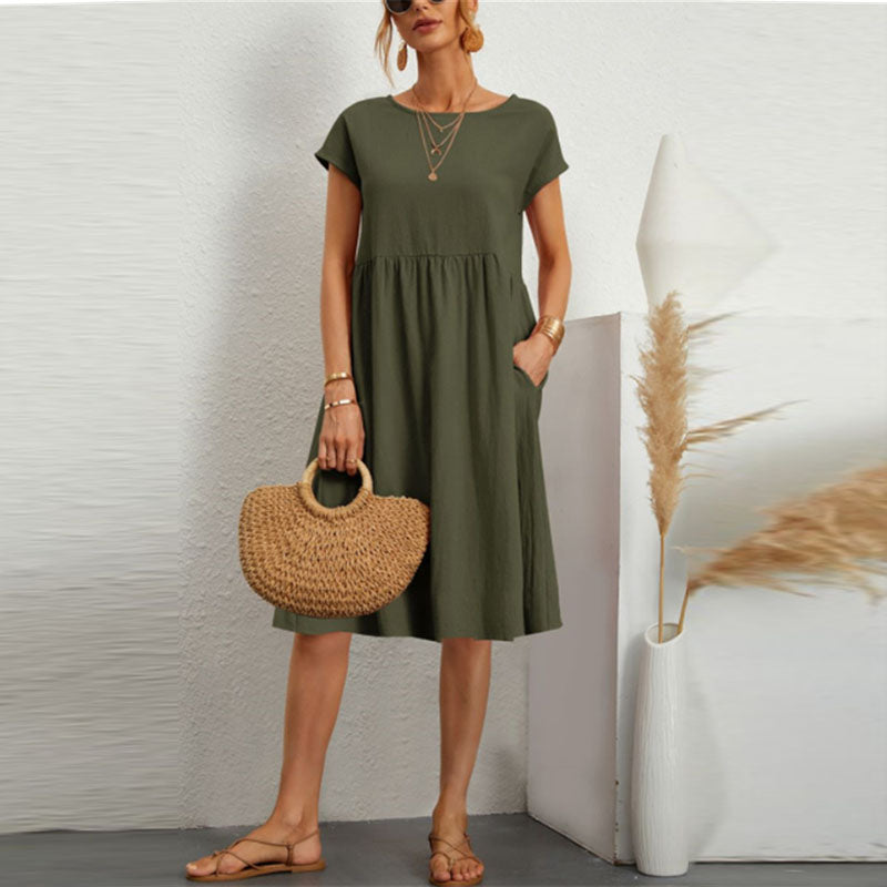 🌈💃【50% popusta】【S-2XL】😍 Ljetna ženska haljina u velikim veličinama, opuštenog OL stila, s A krojem i okruglim izrezom, 100% pamuk