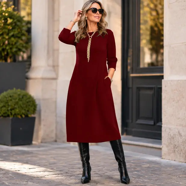 👗✨Plaćanje pouzećem✨ Elegantna jednobojna haljina dugih rukava, udobna i praktična, pogodna za svakodnevno nošenje.