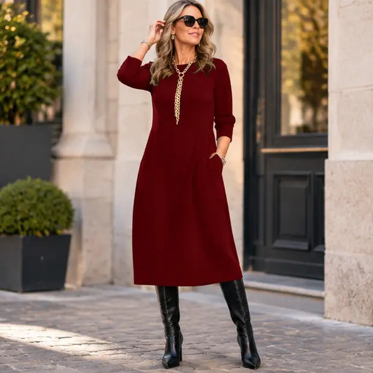👗✨Plaćanje pouzećem✨ Elegantna jednobojna haljina dugih rukava, udobna i praktična, pogodna za svakodnevno nošenje.