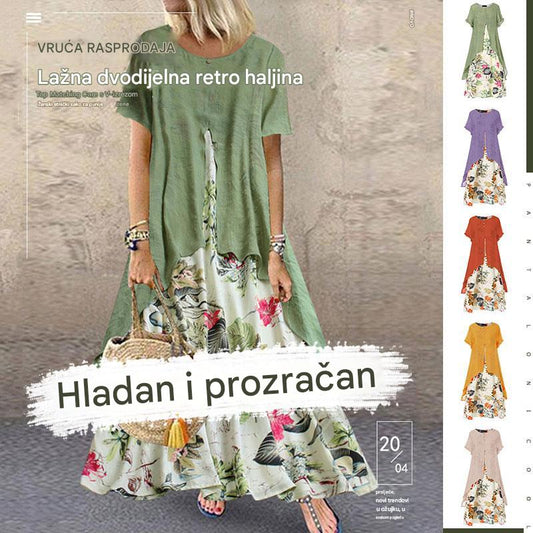❤ Dvodijelna haljina od pamuka i lana s printom i okruglim izrezom
