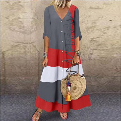 🌸🌸【S-5XL】2025 Noua modă de moda casual doamnelor cu decolteu în V cu mânecă scurtă cu mâneci scurte de imprimare rochie lun