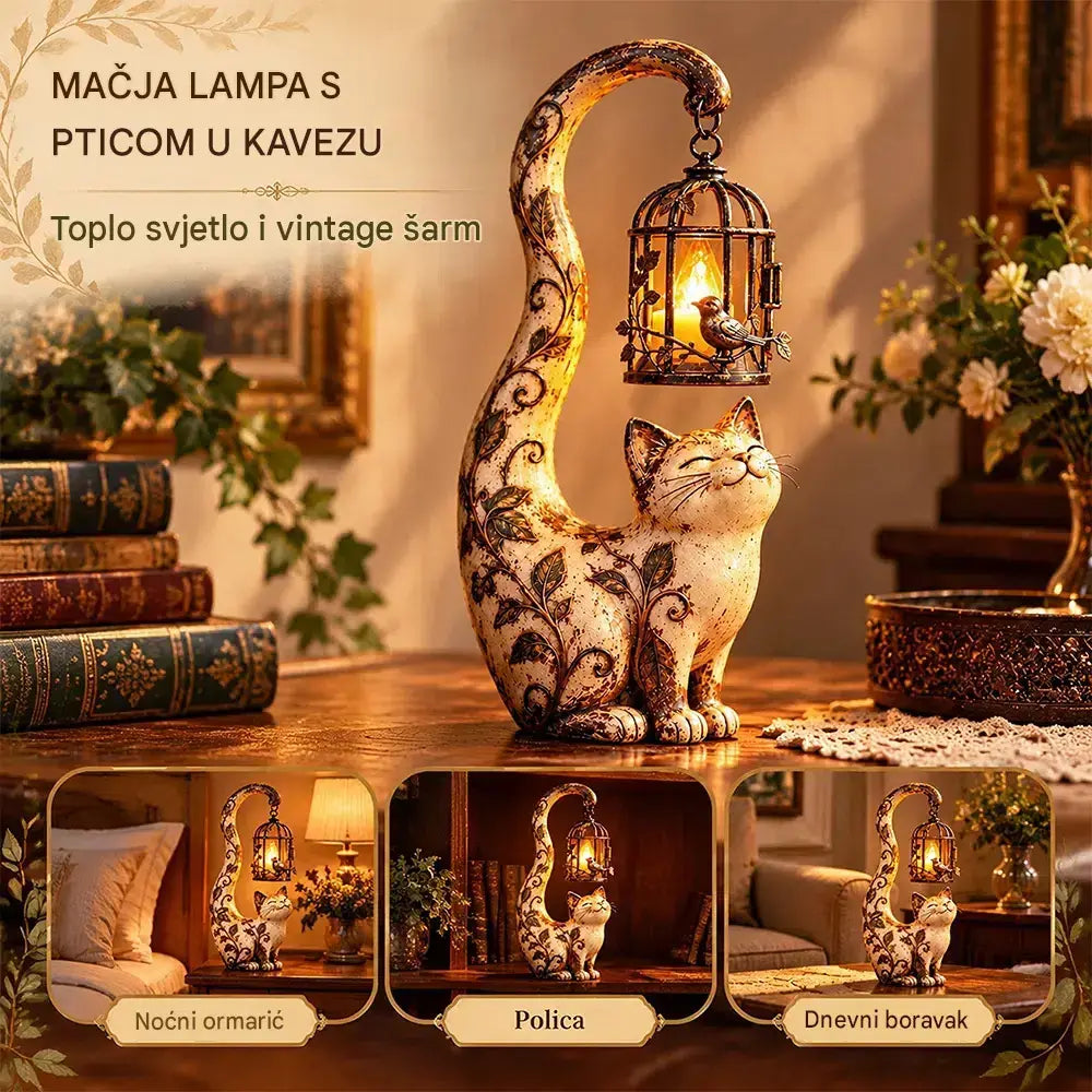 🐱💡Noćno svjetlo u vintage stilu – mačka s krletkom – kreativna vrtna dekoracija
