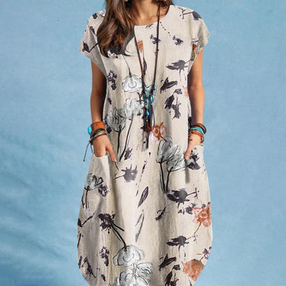 👗【S-5XL】Pamučna haljina s okruglim izrezom i printom
