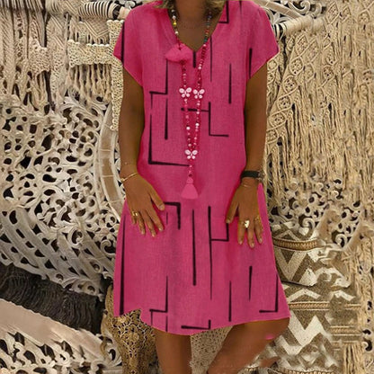 🥻🌲【45% OFF】👗【S-5XL】Nowa sukienka z nadrukiem z dekoltem w serek, wykonana z bawełny i lnu: przyjazna dla skóry i miękka