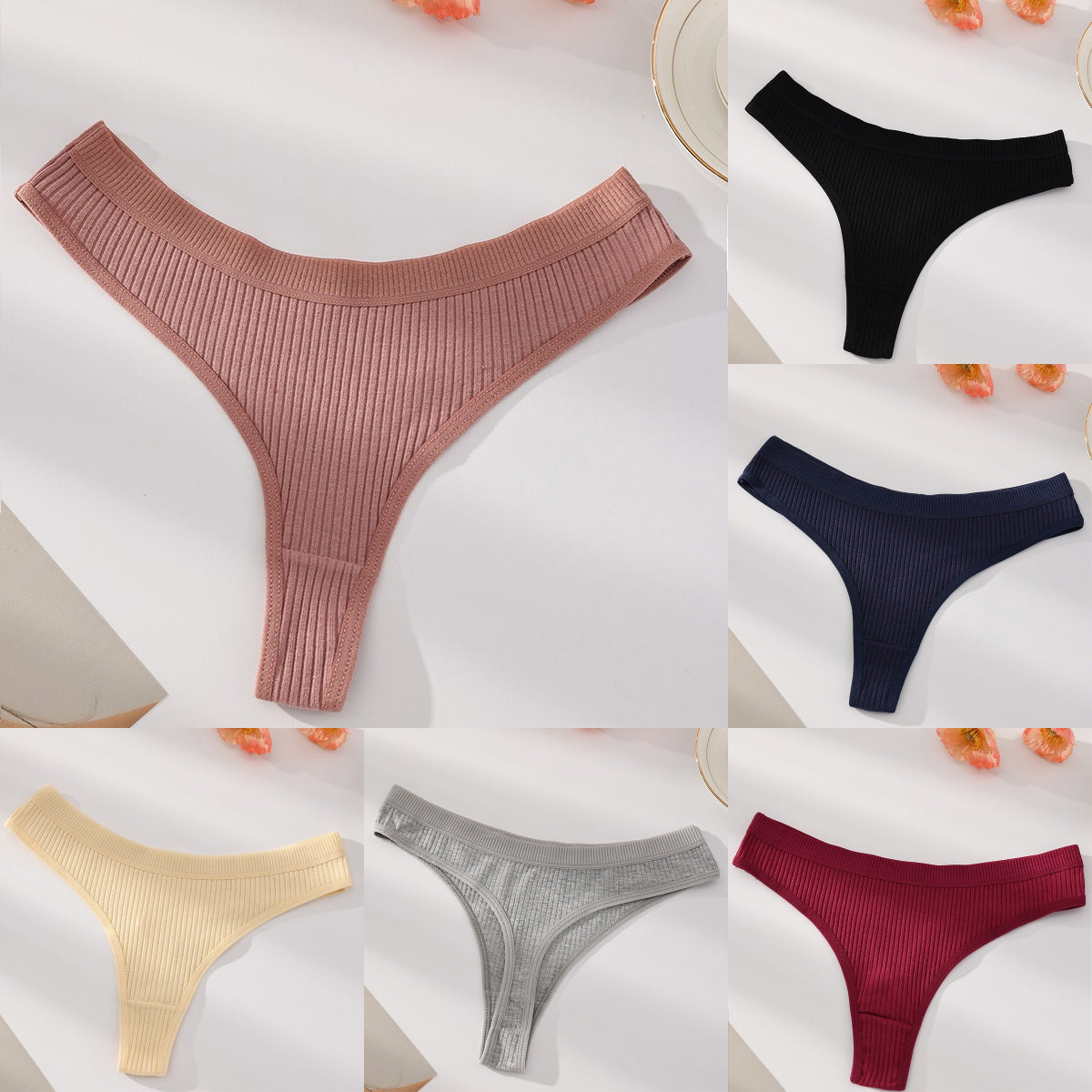 【40-90 kg】【XS-2XL】 Seksi ženske tange – jednobojne rebraste pamučne gaćice 【Set od 6 dijelova】