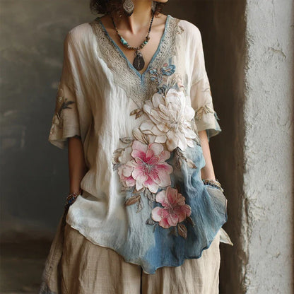 💕【S-4XL】 Blusa elegante con cuello en V profundo y estampado floral