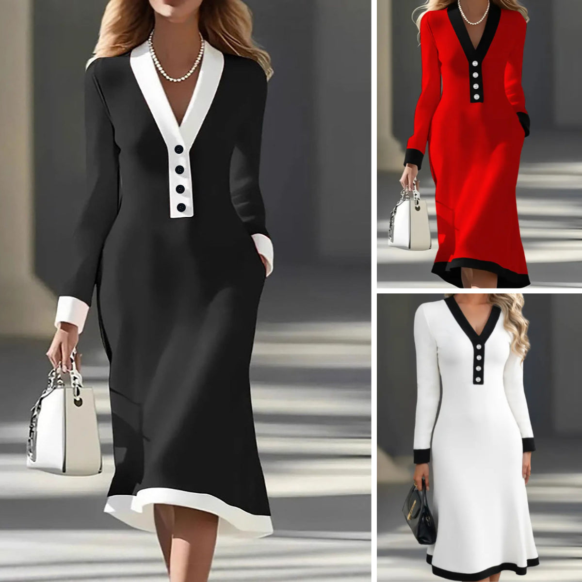 🌷🌞 Ženska jesensko-zimska haljina s kontrastnim V-izrezom