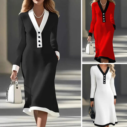 🌷🌞 Ženska jesensko-zimska haljina s kontrastnim V-izrezom