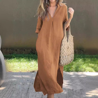 🌿💃【50% έκπτωση 🔥】【S–3XL】Μακρύ λινό φόρεμα με V λαιμόκοψη και σκισίματα, άνετο και ελαφρύ για το καλοκαίρι