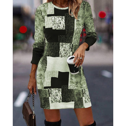 🔥【S-3XL】Rochie lejeră cu mânecă lungă, cu decolteu rotund, culoare contrastantă