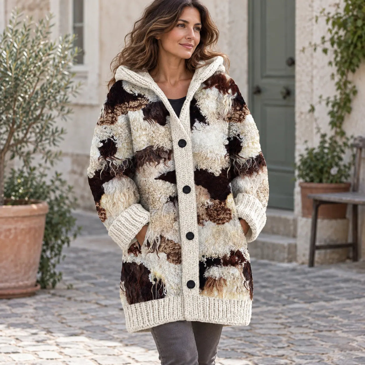 Elegante chaqueta de invierno acolchada para mujer, con capucha y estampado