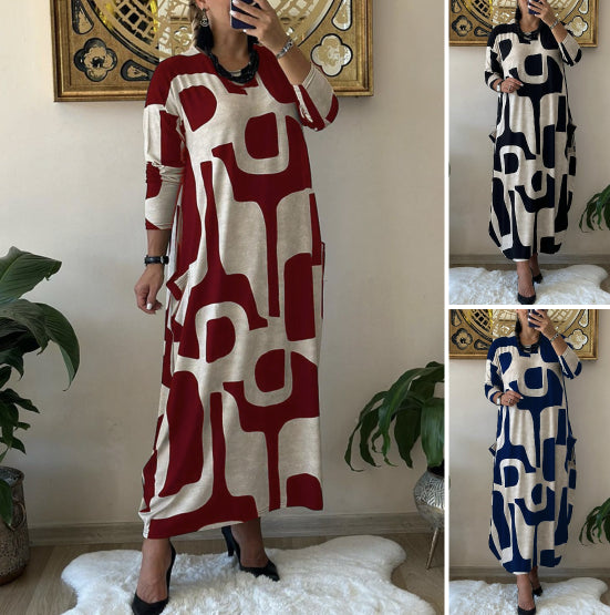 🥻Ležerna obleka s potiskom in okroglim ovratnikom, modna, jesenska