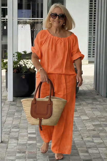 👑💃Ljetni set 2026, široki kroj od pamuka i lana 【Bluza s okruglim ovratnikom i vezicom + hlače】