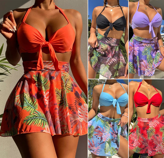 🏊‍👙🌴2025 costum de baie sexy din trei piese pentru femei, rochie de plajă cu imprimeu