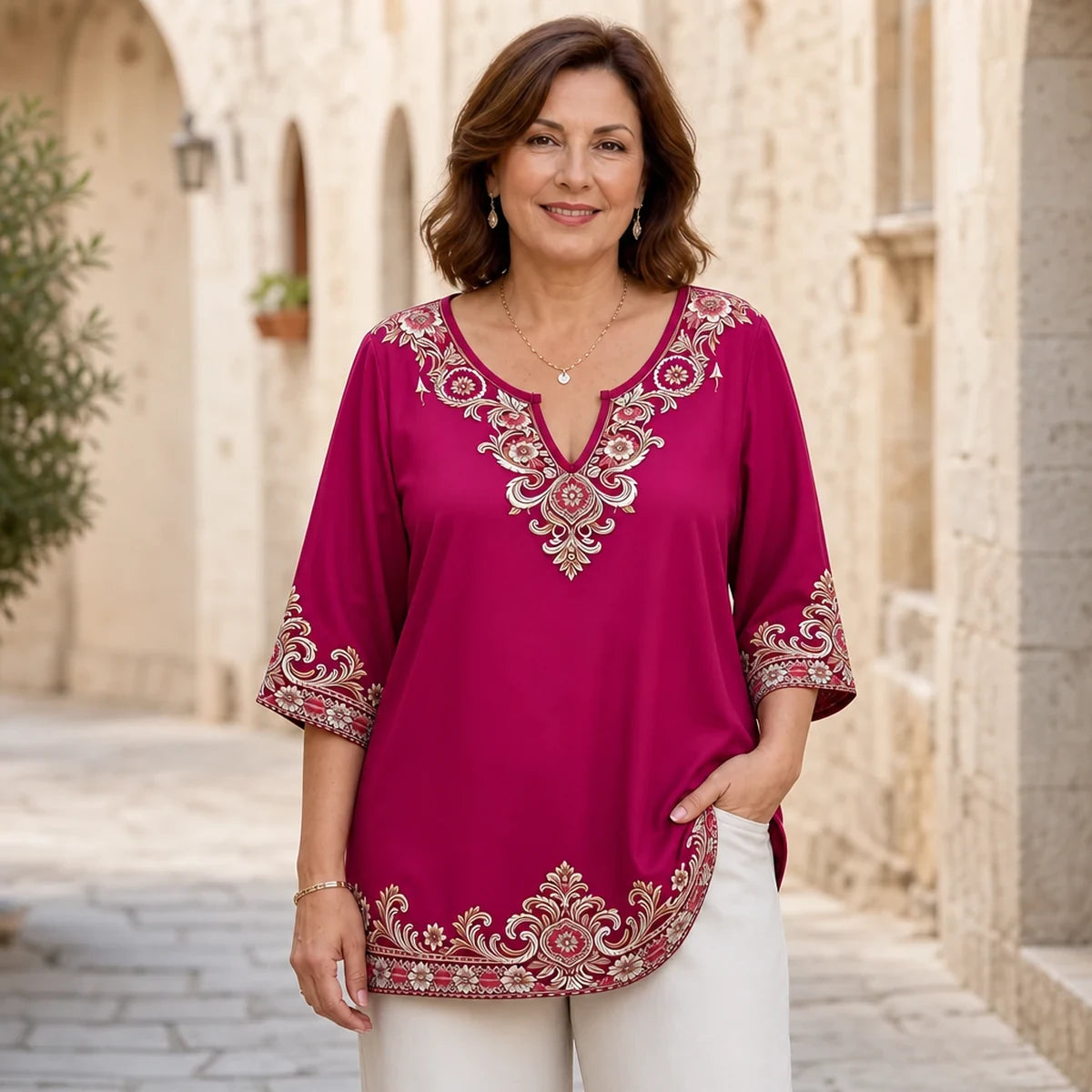 Bluza kratkih rukava s V-izrezom i retro vezom, veće veličine