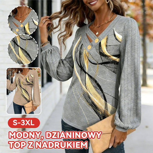 Modna ženska majica z dolgimi rokavi in V-izrezom s potiskom