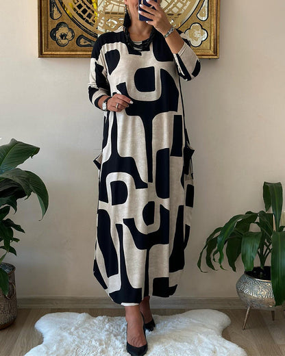 🥻Rochie casual cu imprimeu și guler rotund, la modă, de toamnă