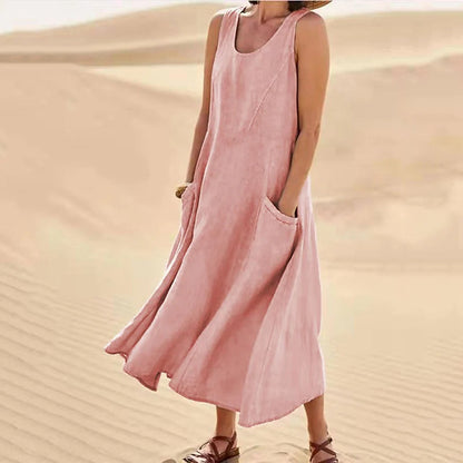 🌈👗【S-5XL】Nova elegantna jednobojna haljina bez rukava s okruglim izrezom od pamuka i lana za ljeto 2025.