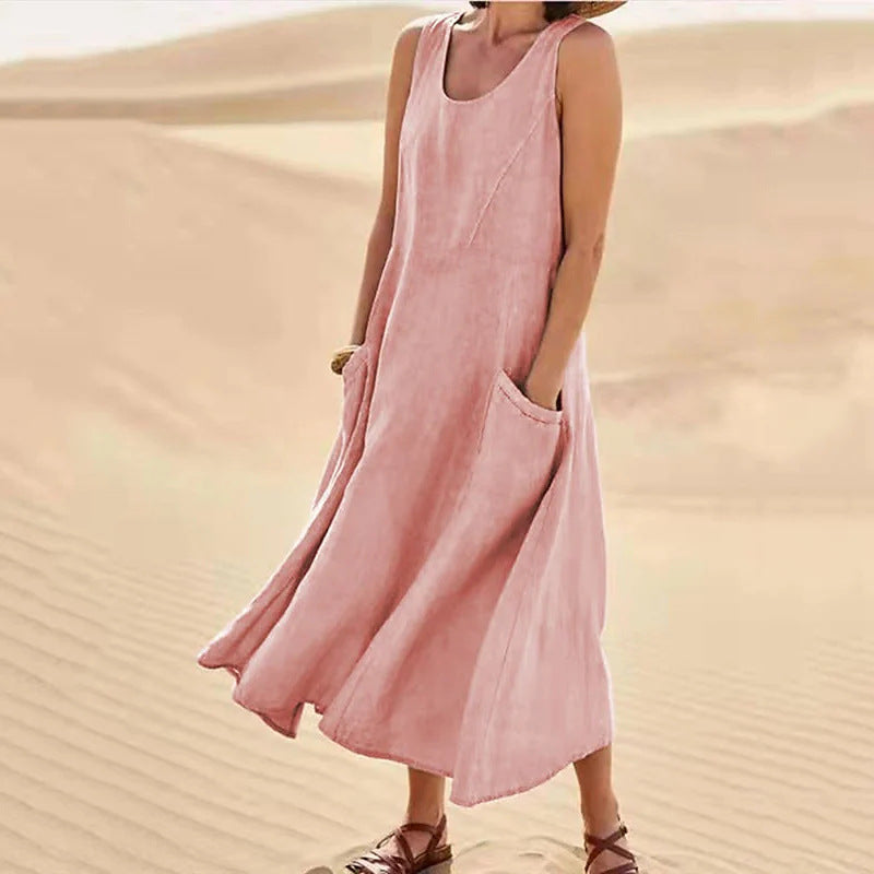 🌈👗【S-5XL】Nova elegantna jednobojna haljina bez rukava s okruglim izrezom od pamuka i lana za ljeto 2026.