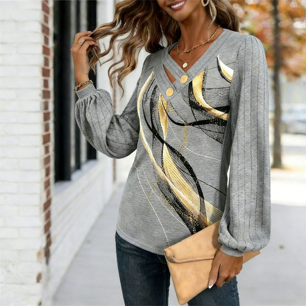 Modna ženska majica z dolgimi rokavi in V-izrezom s potiskom