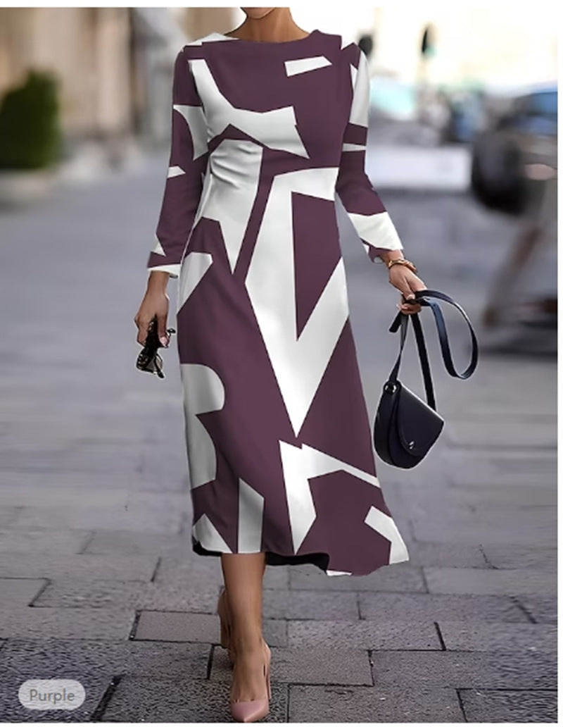💥【Sprzedaje się jak świeże bułeczki】Nowa sukienka z długim rękawem i geometrycznym nadrukiem na jesień i zimę