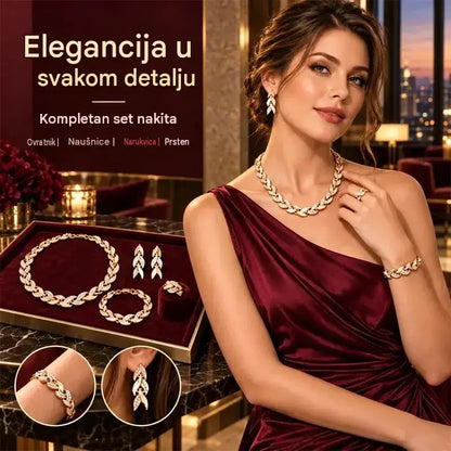 ✨💎 Ženski set nakita od 4 dijela | Ogrlica, narukvica, prsten i naušnice s motivom lista i kubičnim cirkonima