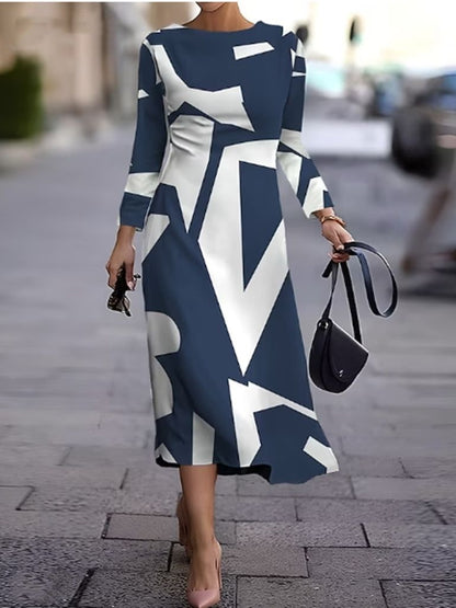 💥【Sprzedaje się jak świeże bułeczki】Nowa sukienka z długim rękawem i geometrycznym nadrukiem na jesień i zimę