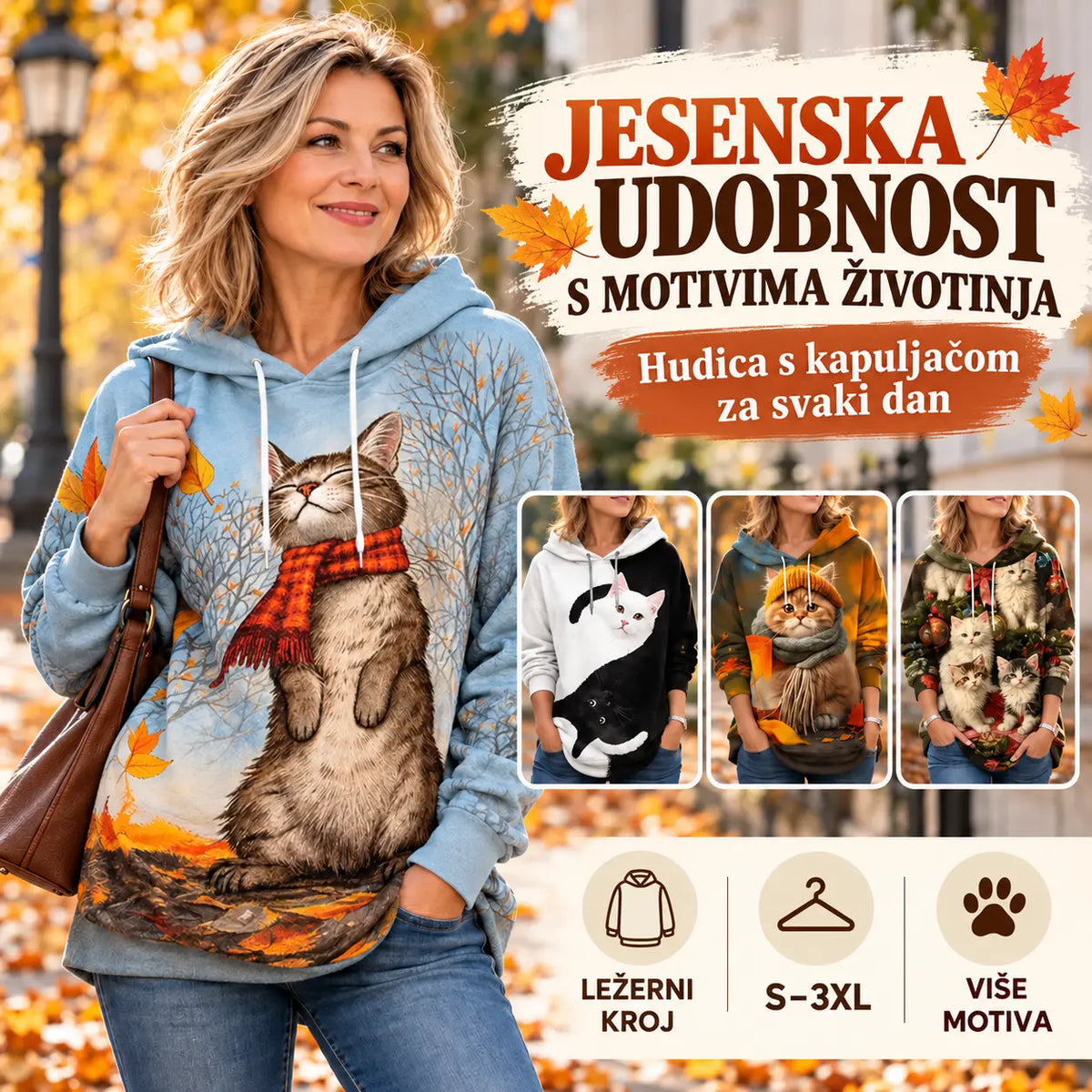 🐱✨【 S–3XL】Ženska mikina s kapucnjom i 3D printom mačke – mekana, udobna i prikladna za svaki dan.