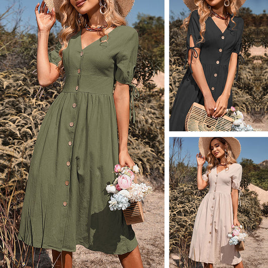 👗2025 noua fusta lunga din bumbac si in Rochie de dama cu decolteu in V de culoare uni