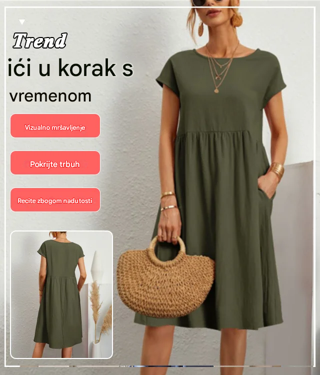 🌈💃【50% popusta】【S-2XL】😍 Ljetna ženska haljina u velikim veličinama, opuštenog OL stila, s A krojem i okruglim izrezom, 100% pamuk