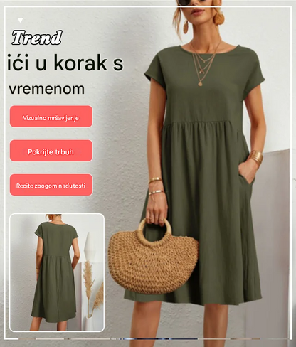 🌈💃【50% popusta】【S-2XL】😍 Ljetna ženska haljina u velikim veličinama, opuštenog OL stila, s A krojem i okruglim izrezom, 100% pamuk