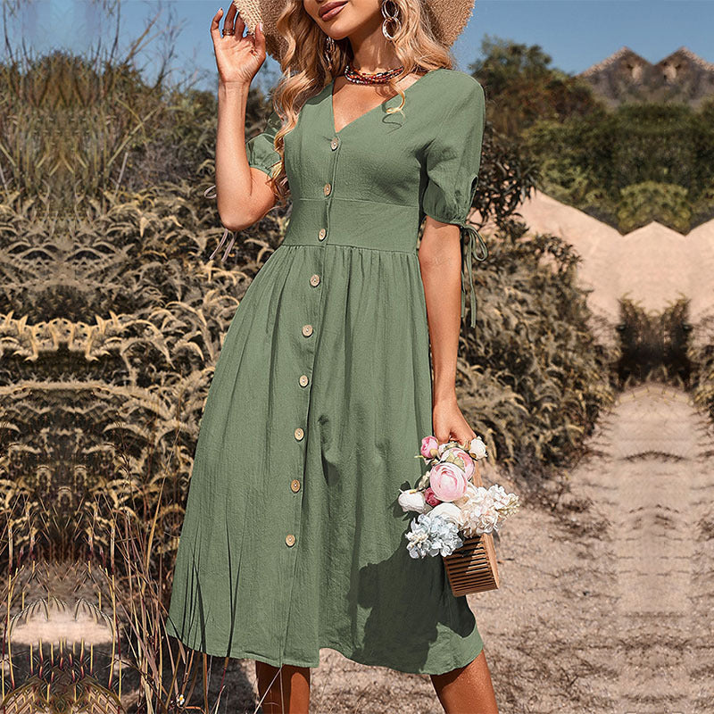 👗2025 noua fusta lunga din bumbac si in Rochie de dama cu decolteu in V de culoare uni