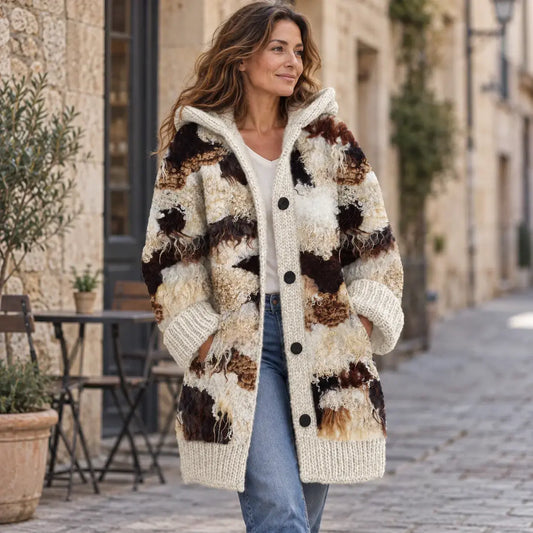Elegante chaqueta de invierno acolchada para mujer, con capucha y estampado