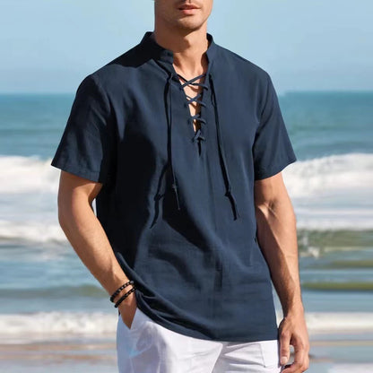 🏄‍♂️👔【Ljetni novi artikli - 50% popusta🔥】Muška pamučna i lanena Henley majica velikih veličina, V-izrez, vezica