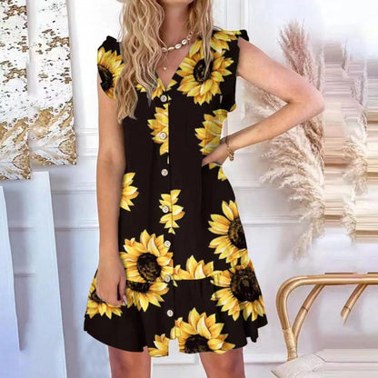 💛🧡💚【S-2XL】2026 Nowa luźna sukienka z nadrukiem z dekoltem w serek i bawełny Tencel