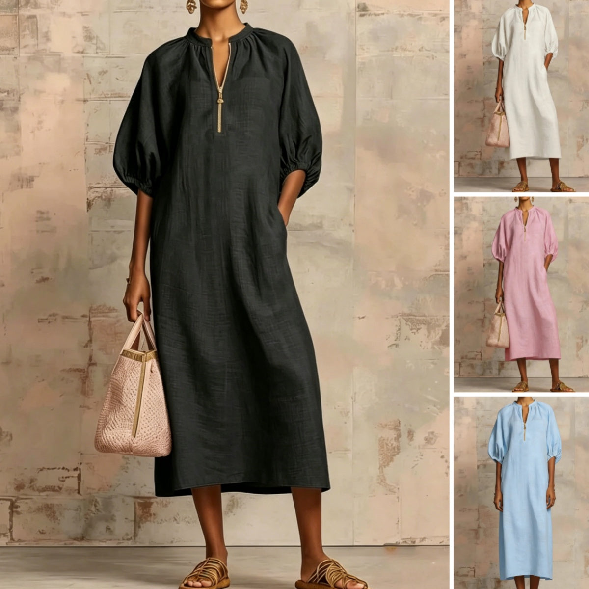👗【Sezonska posebna ponuda】Nova jednobojna pamučno-lanena ležerna haljina s puf rukavima✅Plaćanje pouzećem