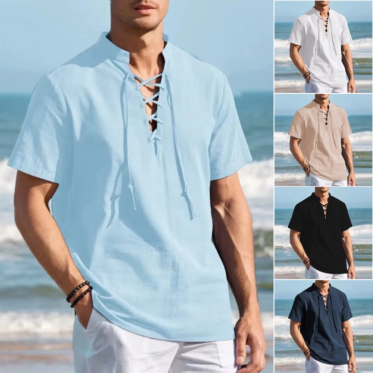 🏄‍♂️👔【Ljetni novi artikli - 50% popusta🔥】Muška pamučna i lanena Henley majica velikih veličina, V-izrez, vezica