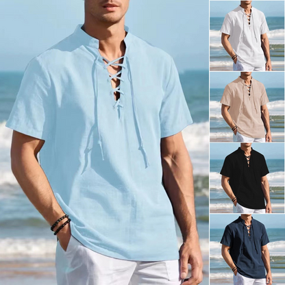 🏄‍♂️👔【Ljetni novi artikli - 50% popusta🔥】Muška pamučna i lanena Henley majica velikih veličina, V-izrez, vezica