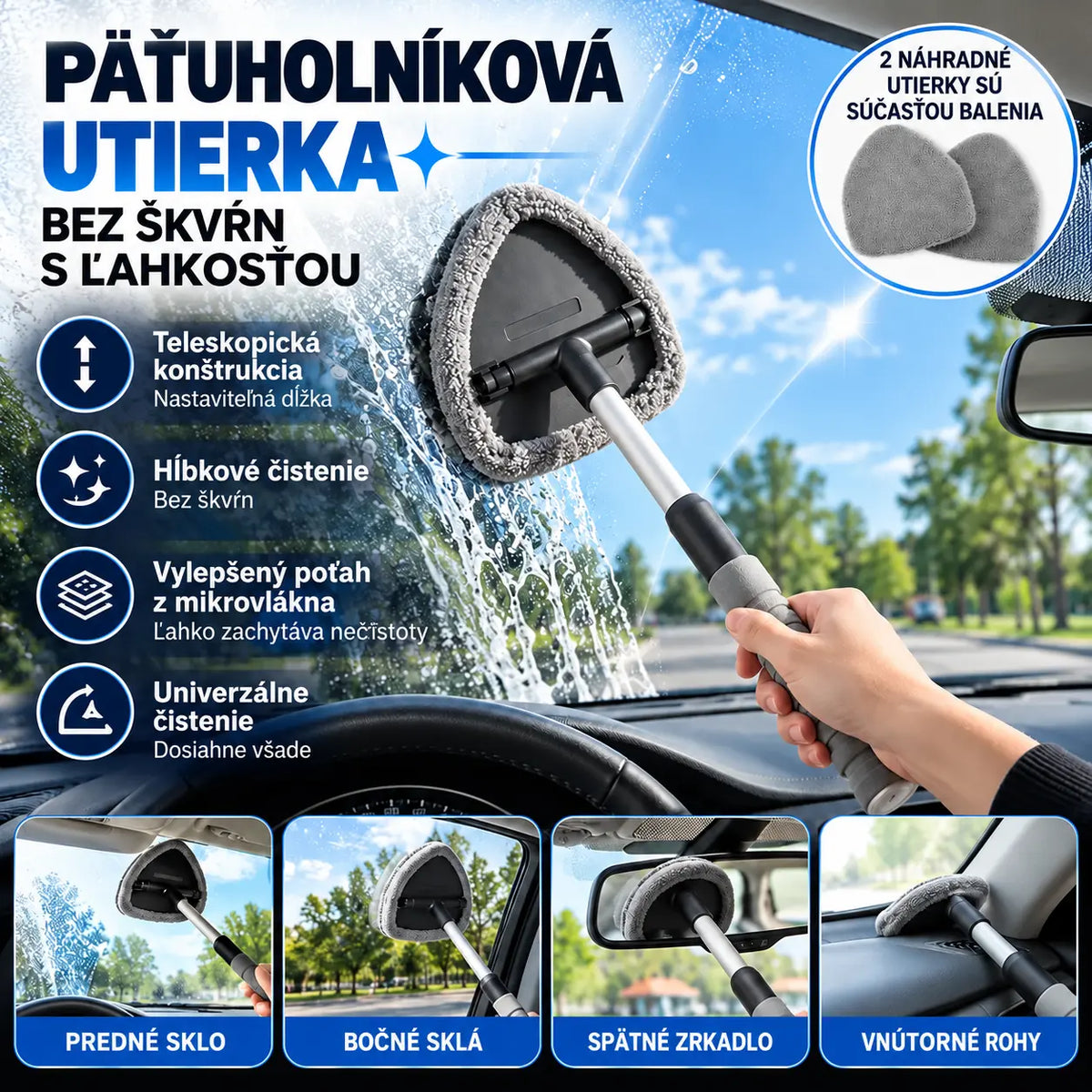 🚗✨【1 sada, teleskopická rukoväť + 2 náhradné návleky】Vylepšená čistiaca kefa na autosklo – trojuholníková hlava a mikrovlákno pre čistý výhľad bez šmúh.