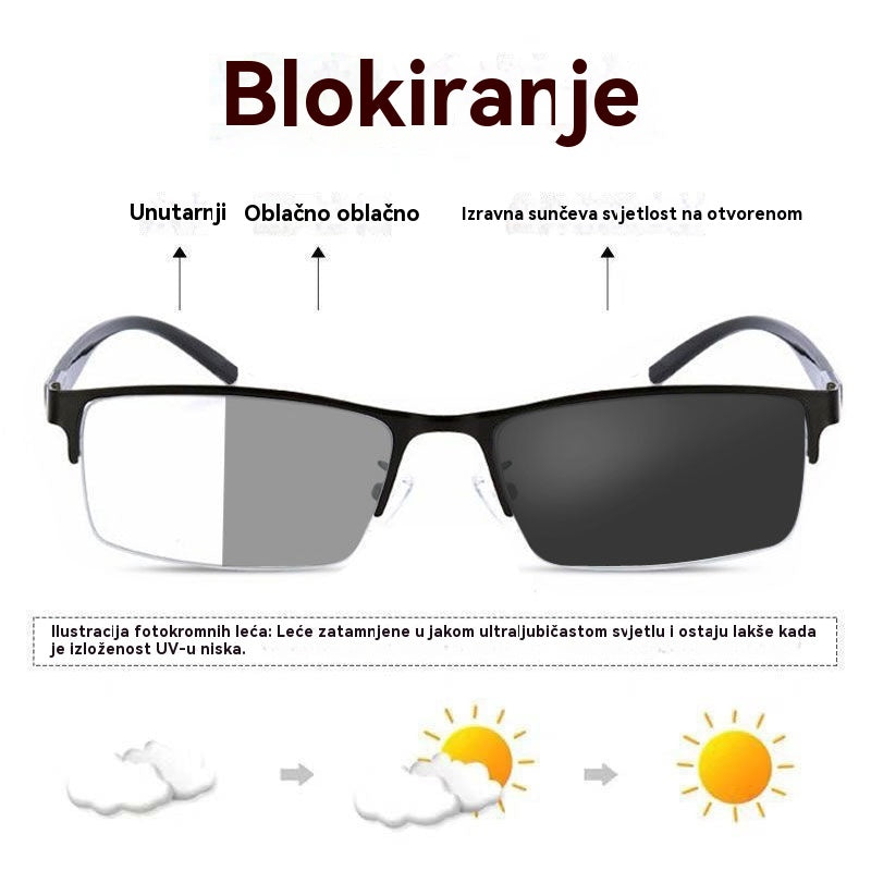 👓✨🕶️Metalne fotokromatske sunčane naočale s poluokvirom, naočale za kratkovidnost protiv plavog svjetla, sunčane naočale za vožnju
