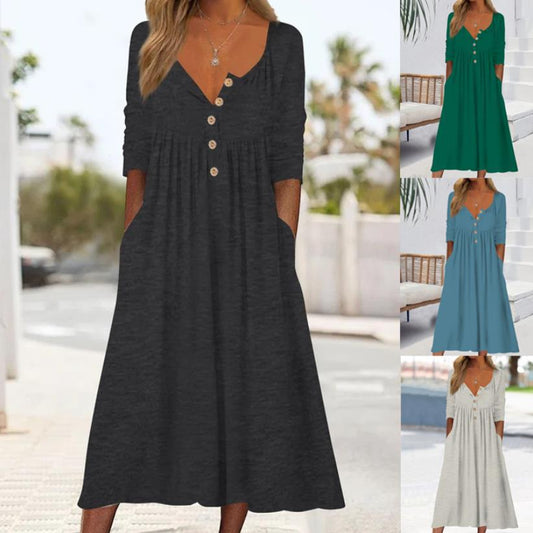 😍😍😍【S-3XL】Rochie midi de culoare uni cu nasturi