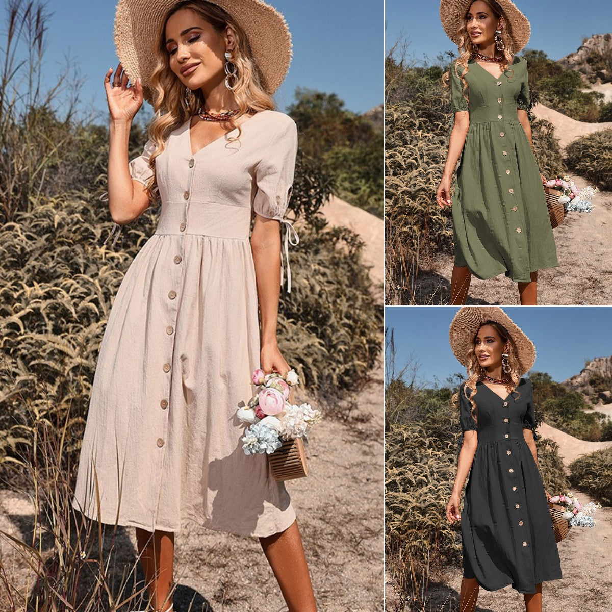 👗2025 noua fusta lunga din bumbac si in Rochie de dama cu decolteu in V de culoare uni