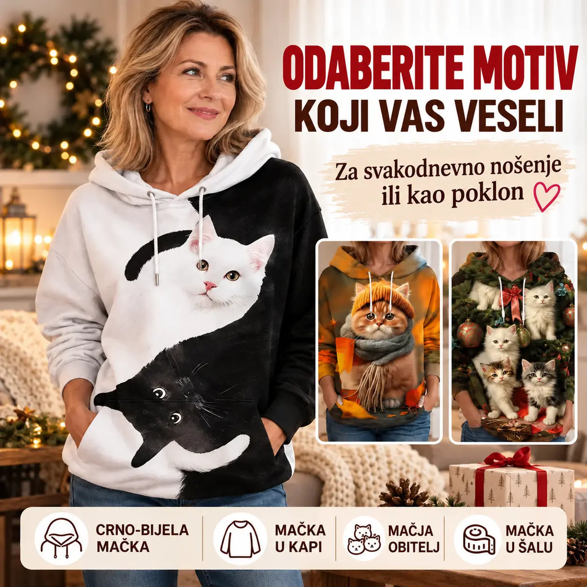🐱✨【 S–3XL】Ženska mikina s kapucnjom i 3D printom mačke – mekana, udobna i prikladna za svaki dan.