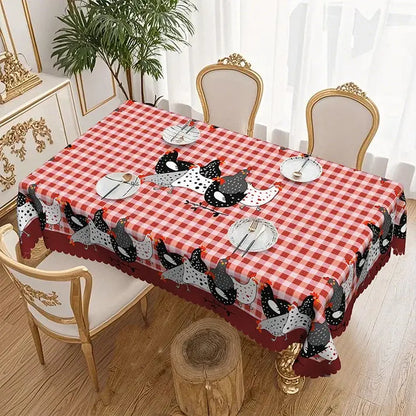 🐓 50% POPUSTA SAMO OGRANIČENO VRIJEME! ❤️ Stolnjak s uzorkom seoskog pijetla: Crveni karirani stolnjak s printom piletine, otporan na prolijevanje s čipkastim obrubom ✨