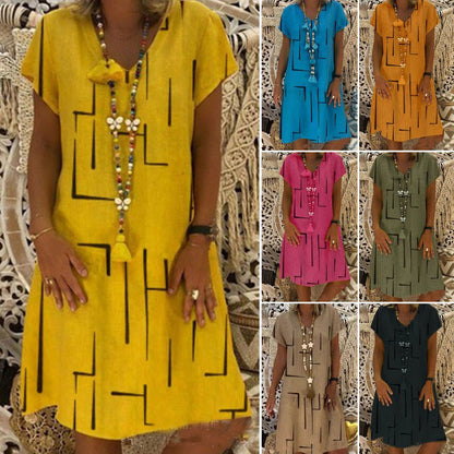 🥻🌲【45% OFF】👗【S-5XL】Nowa sukienka z nadrukiem z dekoltem w serek, wykonana z bawełny i lnu: przyjazna dla skóry i miękka