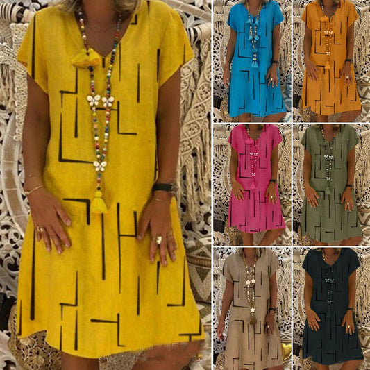 🥻🌲【45% OFF】👗【S-5XL】Nowa sukienka z nadrukiem z dekoltem w serek, wykonana z bawełny i lnu: przyjazna dla skóry i miękka