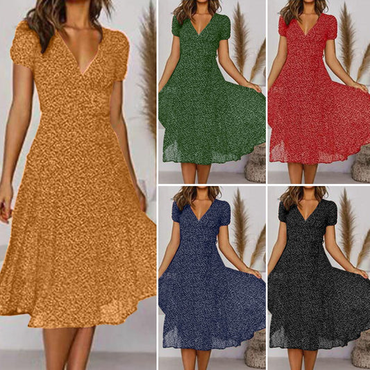 🌸Rochie florală cu mâneci scurte, cu decolteu în V, primăvară vară 2025