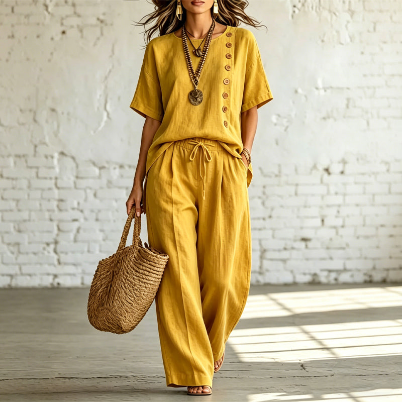 🎨 Ofertă limitată în timp👖👚 【Set tricou + pantaloni largi】Set modern casual, confecționat din bumbac și in, confortabil și respirabil.