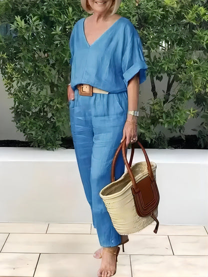 Elegantni ženski set od lana i pamuka: široka bluza s V-izrezom i duge hlače, mekan, prozračan i hladan materijal